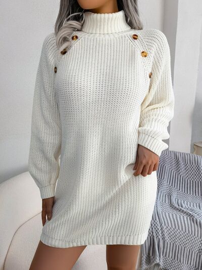 Decorative Button Turtleneck Sweater Dress |1mrk.com