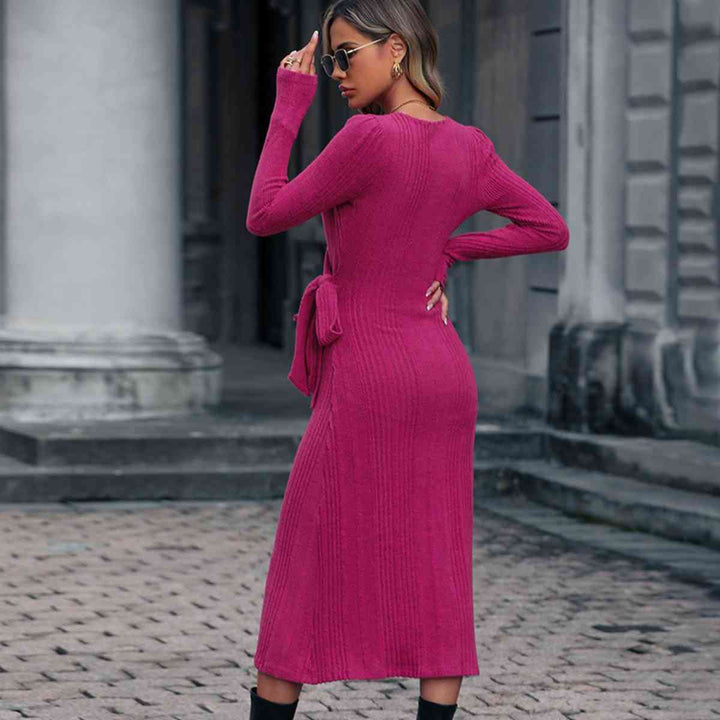 Surplice Neck Tied Long Sleeve Dress |1mrk.com