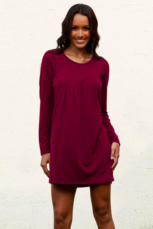 Ruched Round Neck Long Sleeve Dress | 1mrk.com