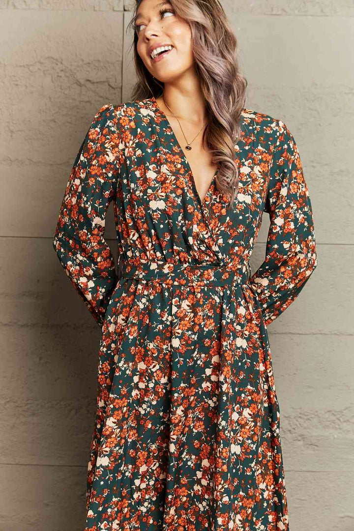 Printed Surplice Neck Long Sleeve Dress | 1mrk.com