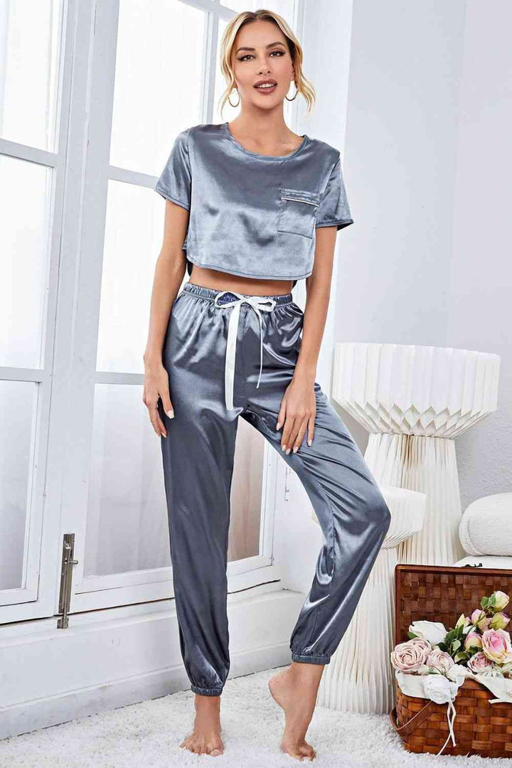 Satin Short Sleeve Crop Top and Joggers Lounge Set | 1mrk.com