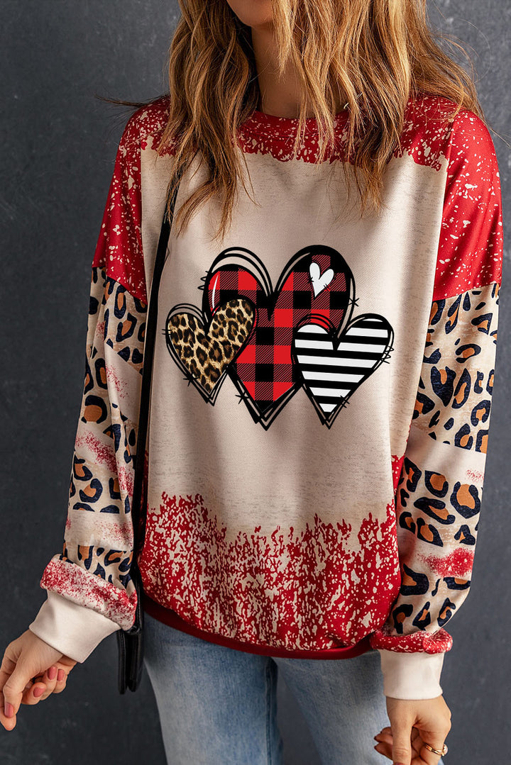 Heart Leopard Round Neck Sweatshirt | Trendsi