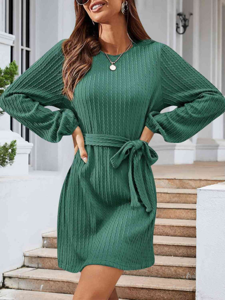 Round Neck Tie Front Long Sleeve Dress | 1mrk.com