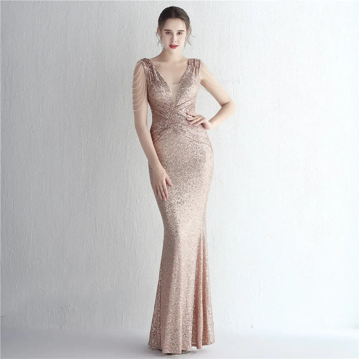dresses sexy long women Party Prom Evening Dress Deep V Neckline sequin |1mrk.com